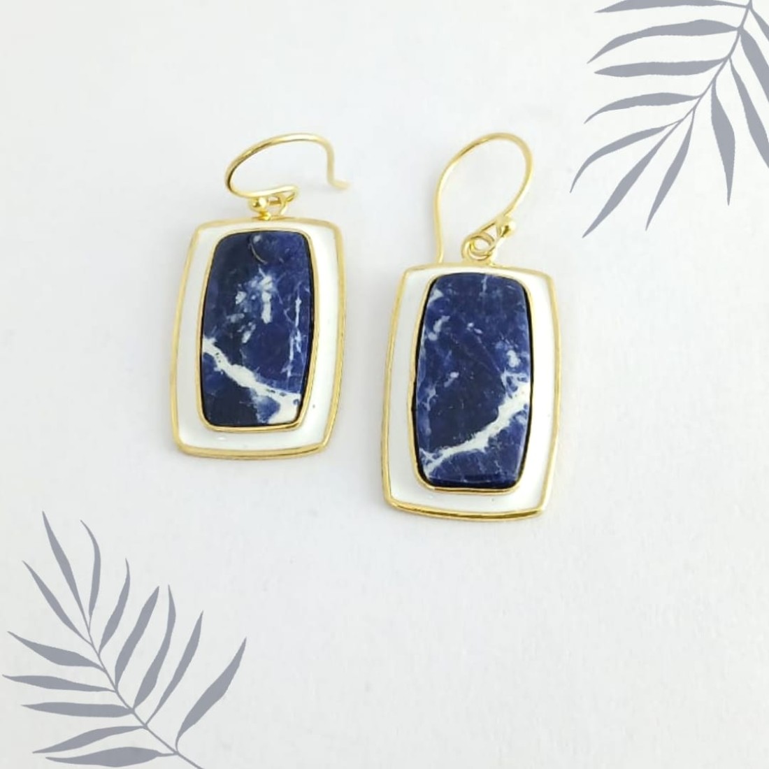 Square Blue Sodalite  Silver Earring With White Enamel