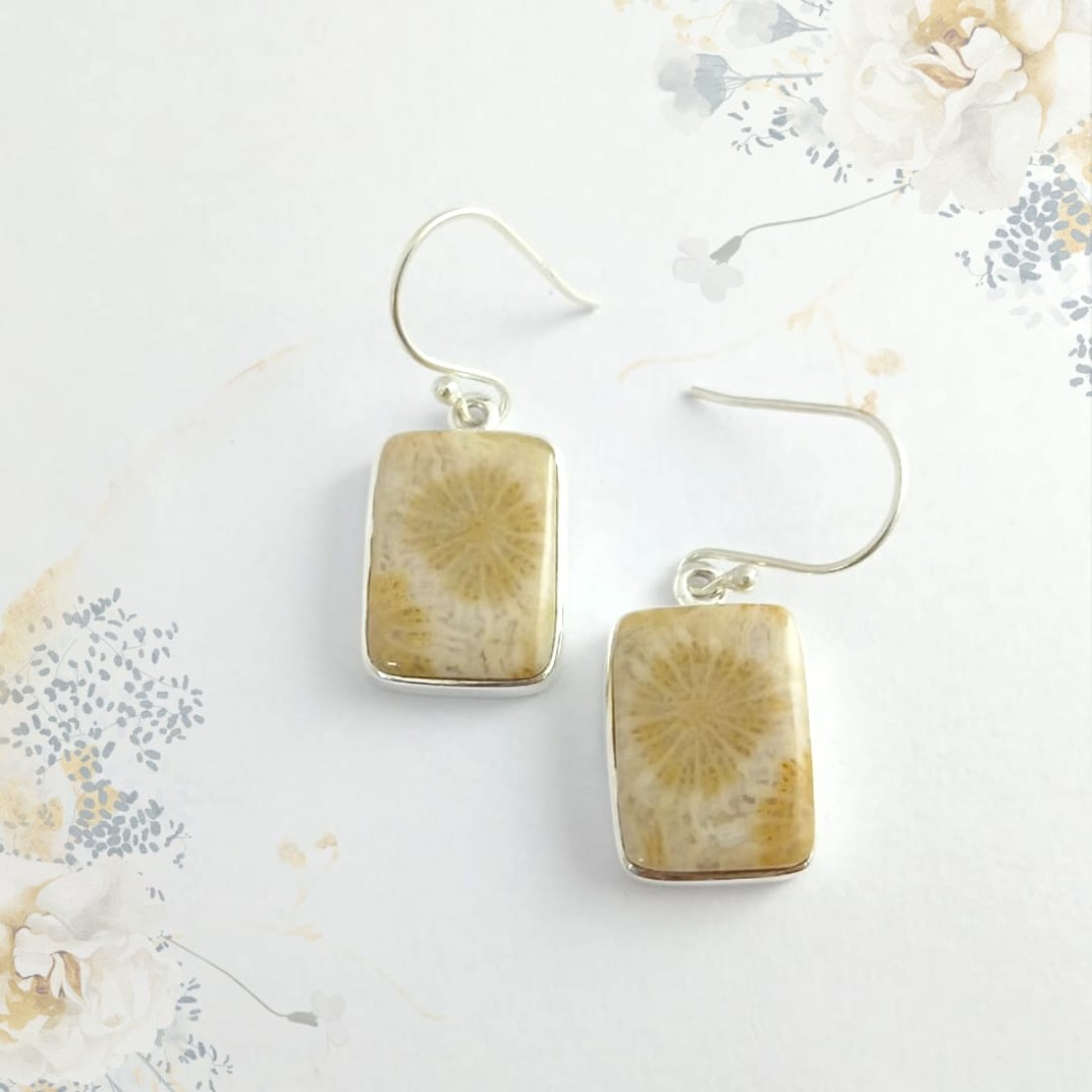 Square Beige Fossil Coral Silver Earring