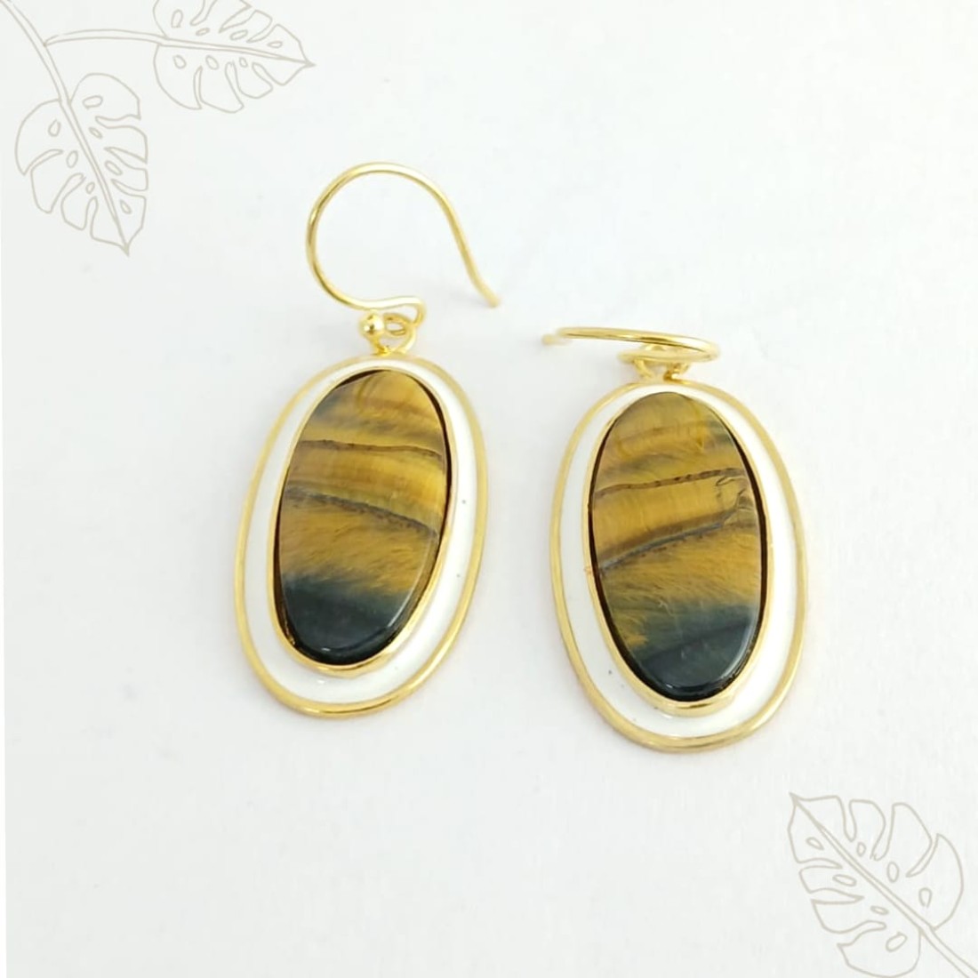 Tiger's Eye Silver Earring With White Enamel