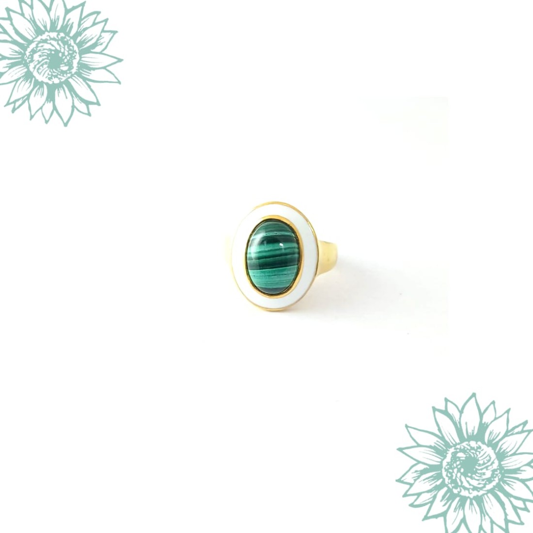 Oval Green Malachite Silver Ring with White Enamel