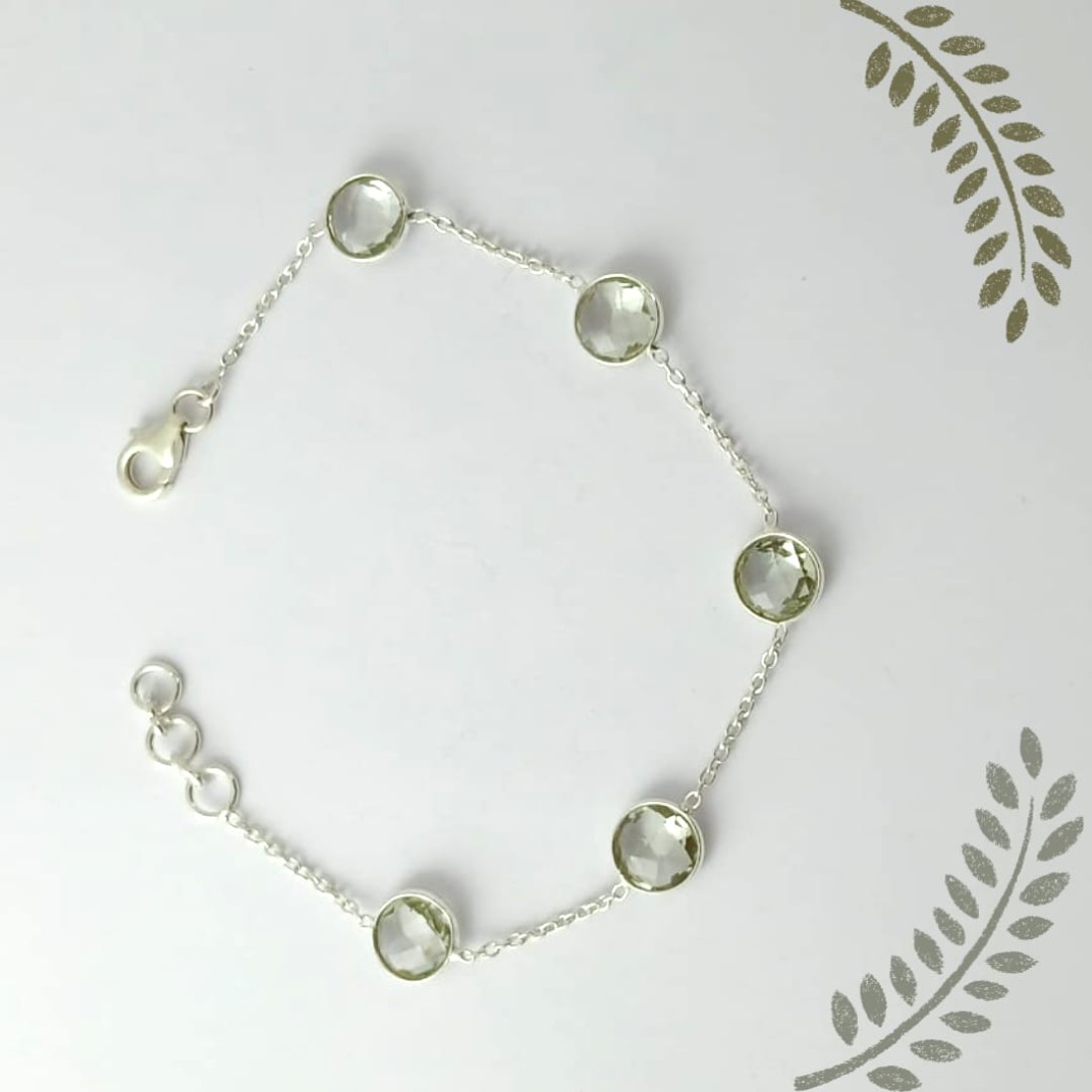 Round  Pastel Green Amethyst Silver Bracelet