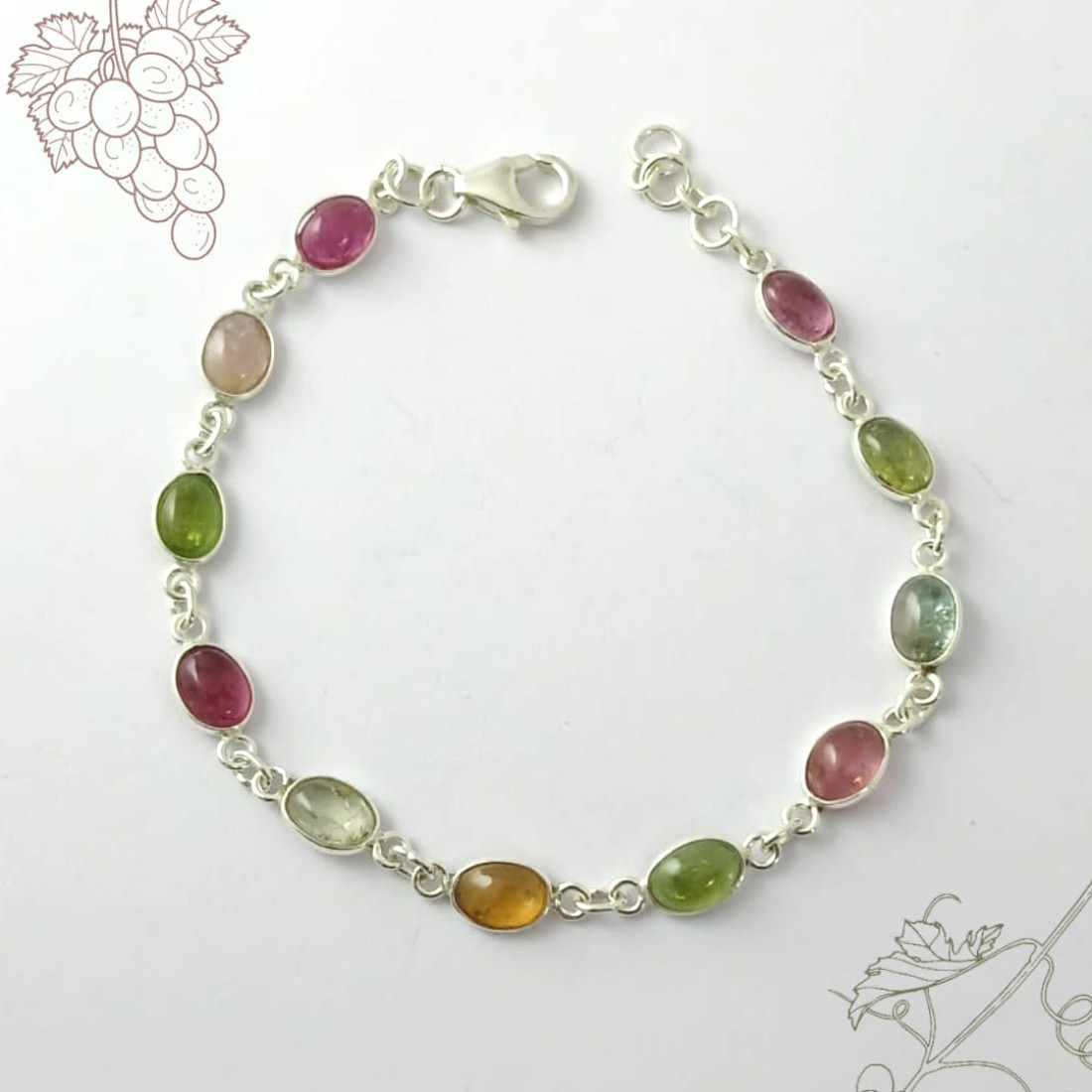 Oval multi coloured Tourmaline Silver Bracelet