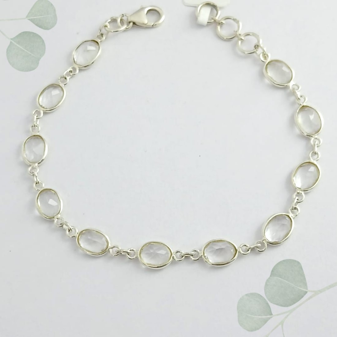 Oval White Crystal Quartz Silver Bracelet