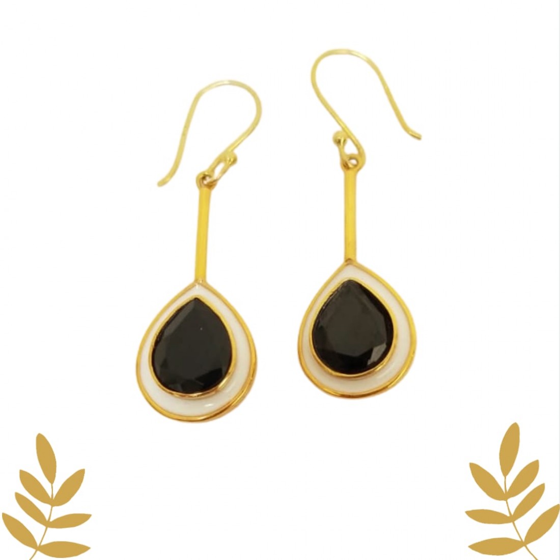 Pear black spinel with white enamel earrings