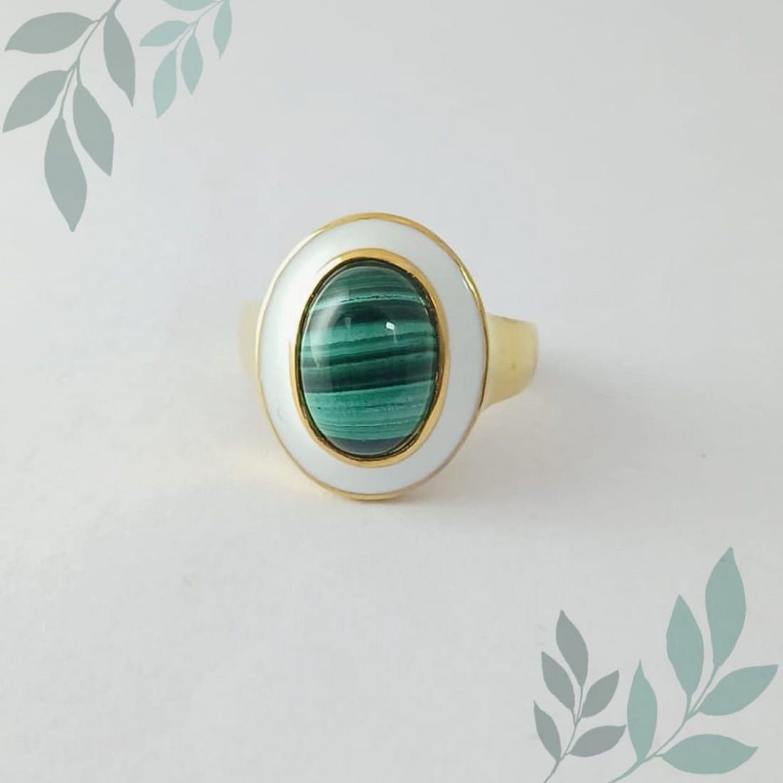 Oval Green Malachite Silver Ring with White Enamel