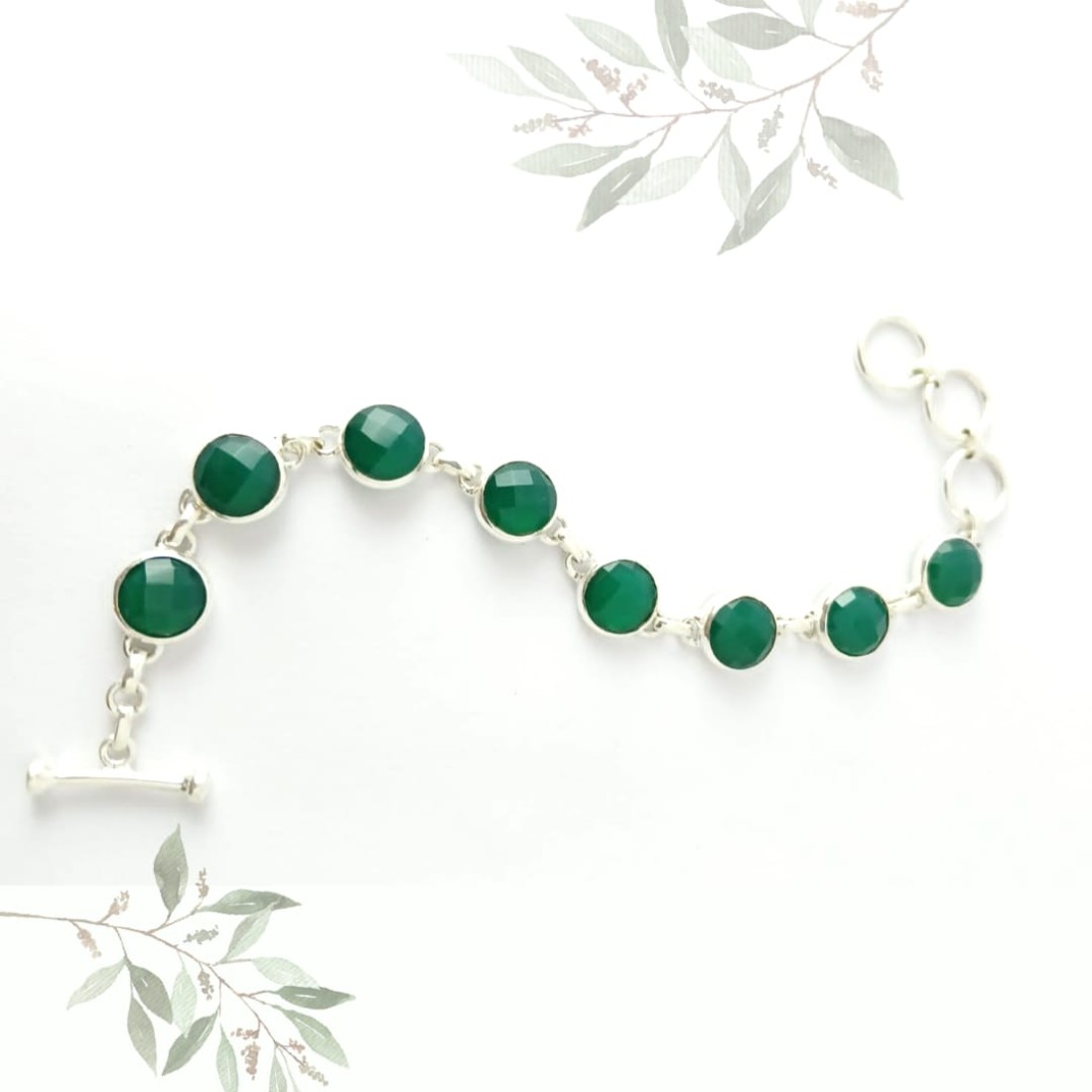 Round Green Onyx Silver Bracelet