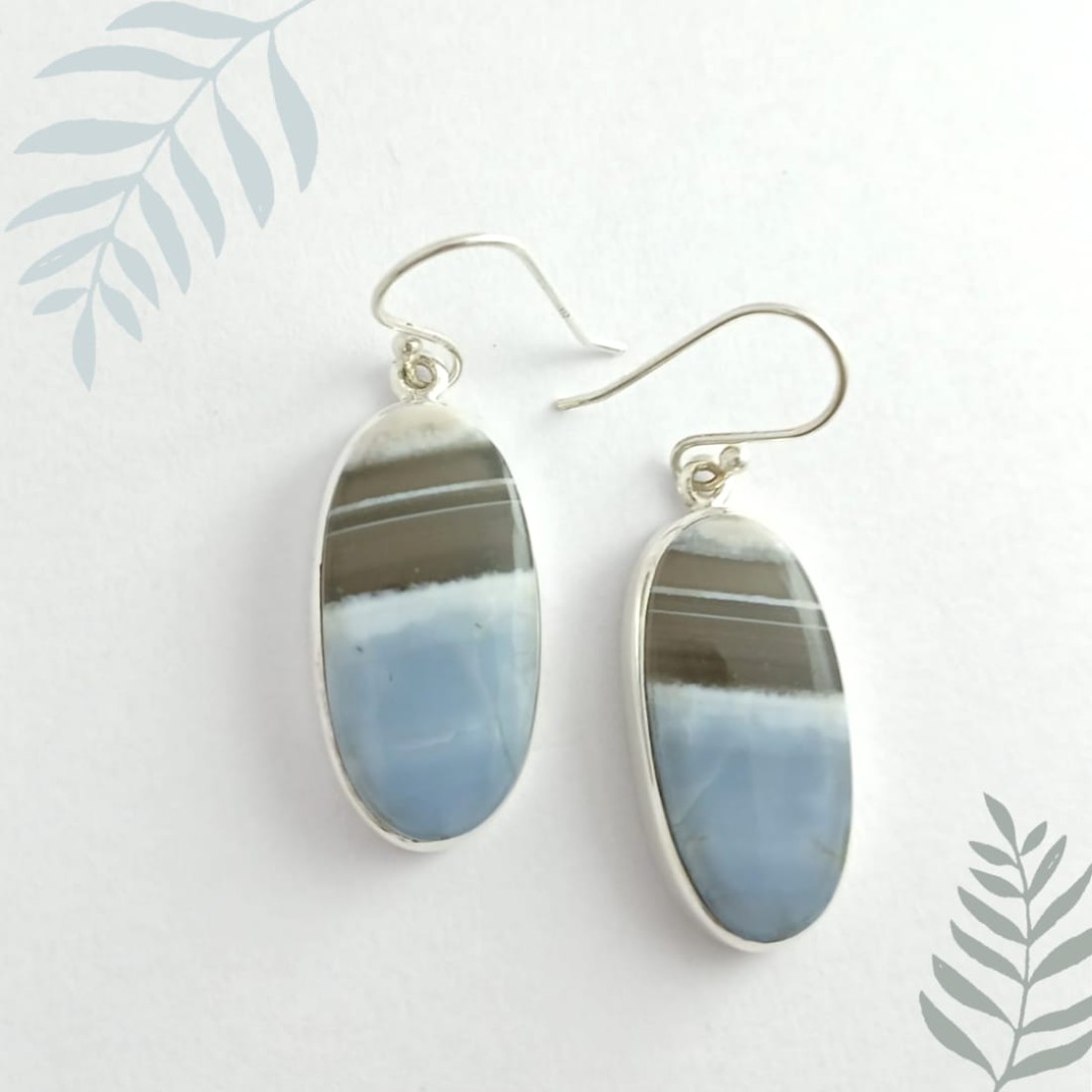 Oval Sky Blue and Black  Opal Silver Earring