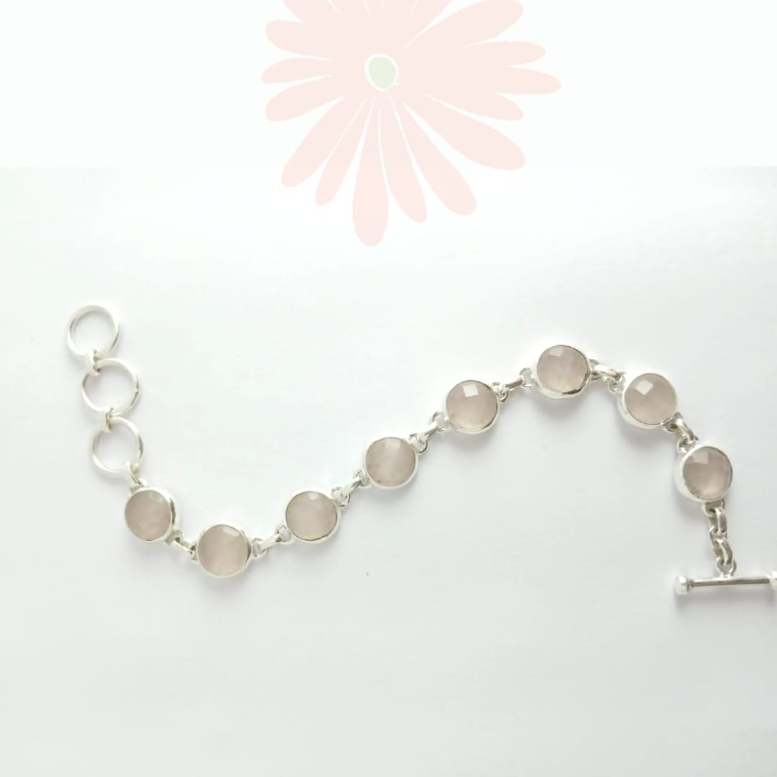 Round  Pastel Pink Rose Quartz Silver Bracelet