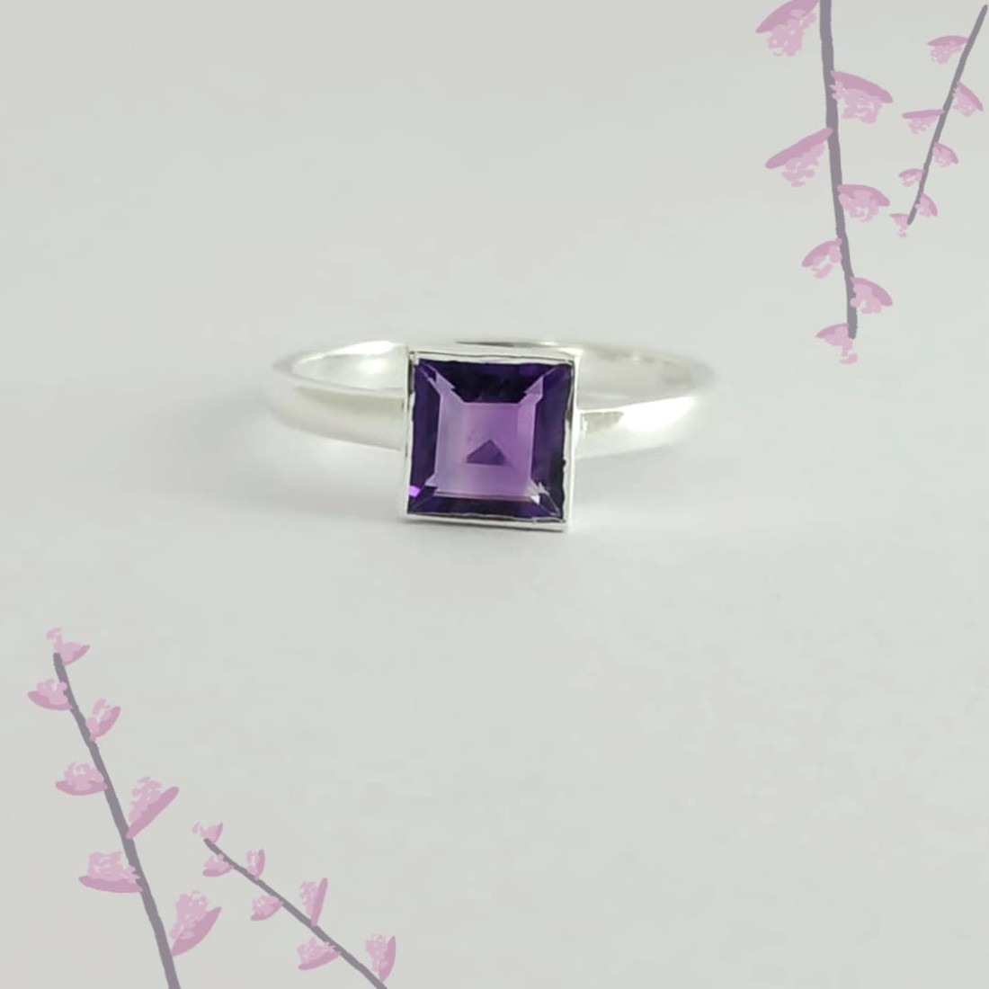 Square Purple Amethyst Silver Ring