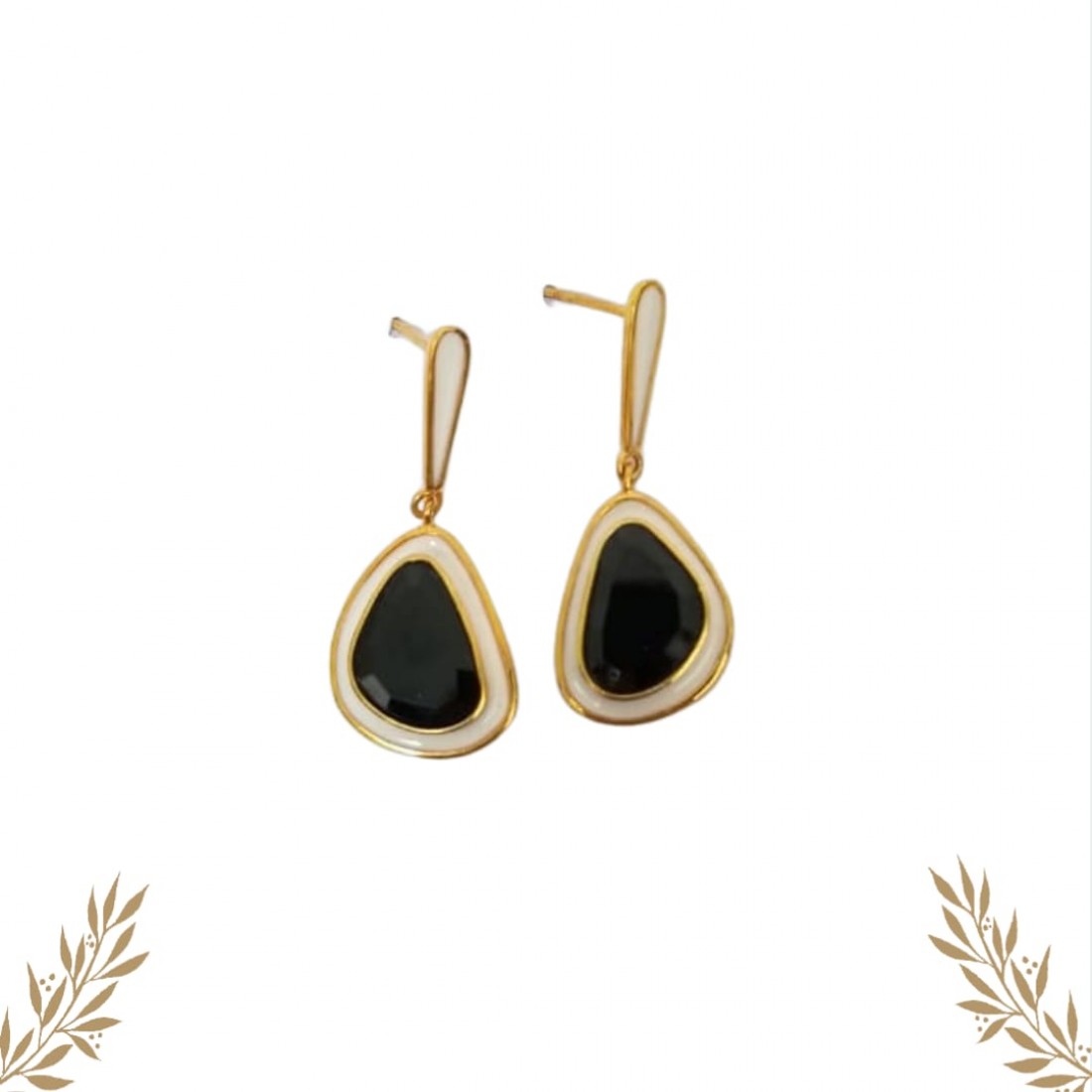 Black spinel with white enamel earrings