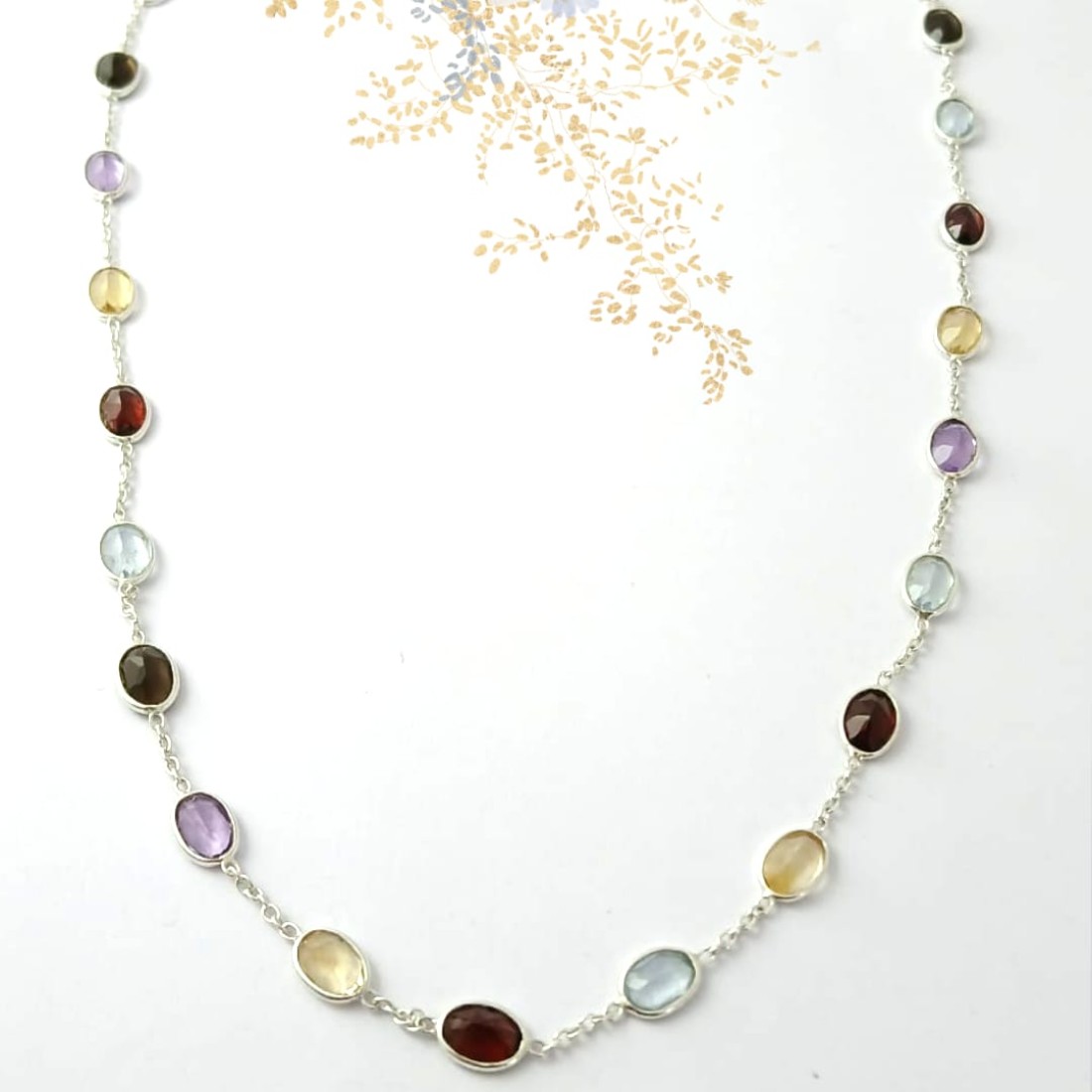  Oval multi Colour  Tourmaline Silver Necklace