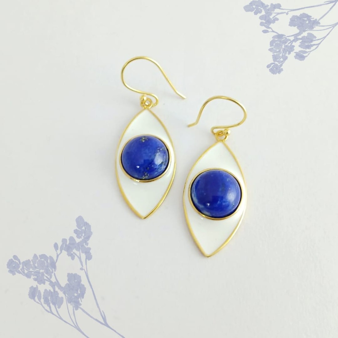  Blue Lapis Silver Earring With White Enamel