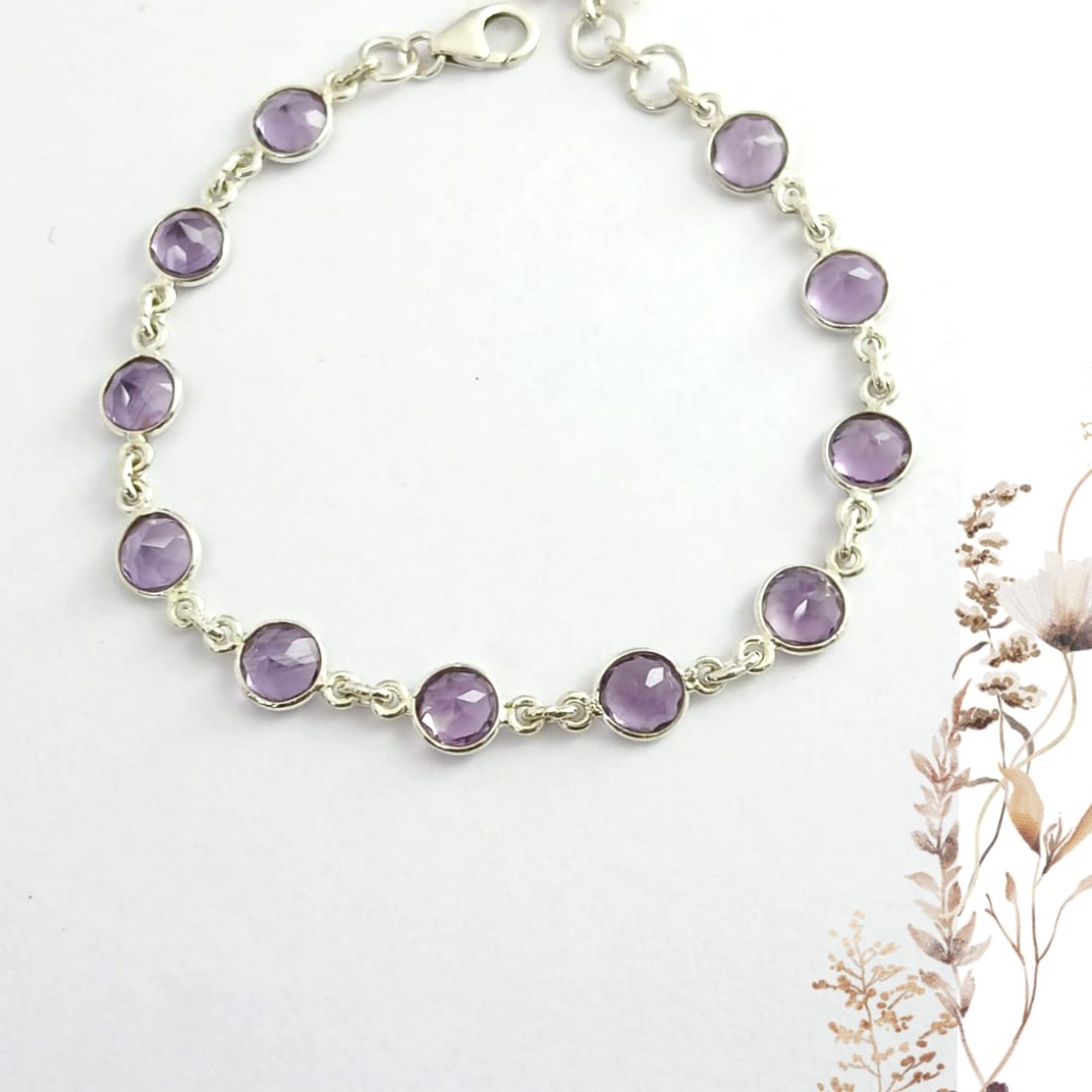 Round Lavender Amethyst Silver Bracelet 