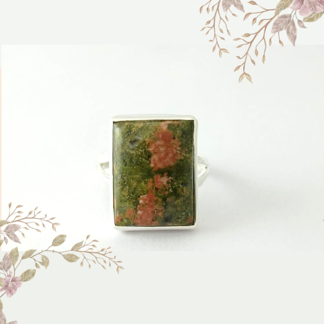 Square Mossy  Green Unakite Silver Ring