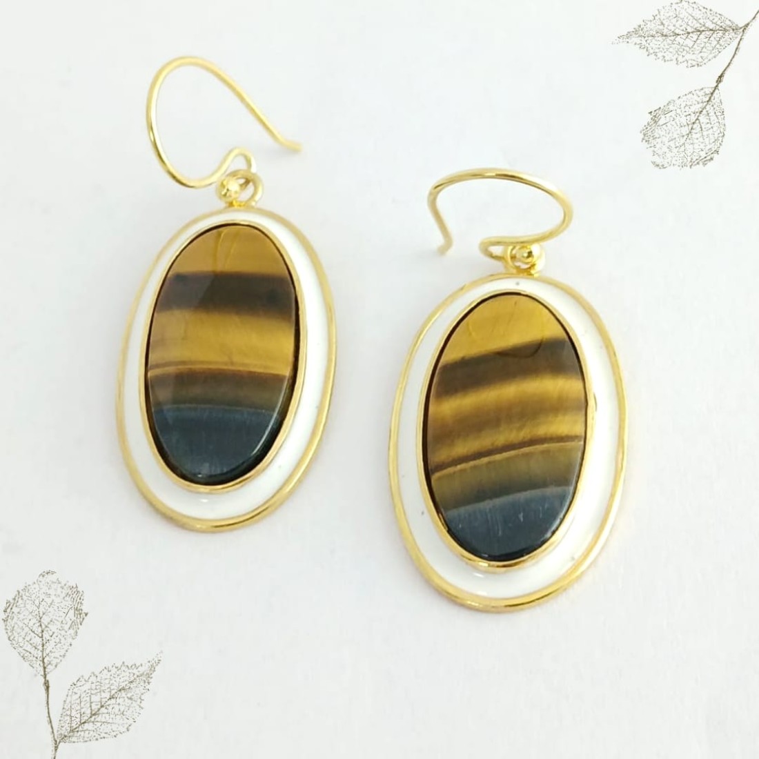 Tiger's Eye Silver Earring With White Enamel