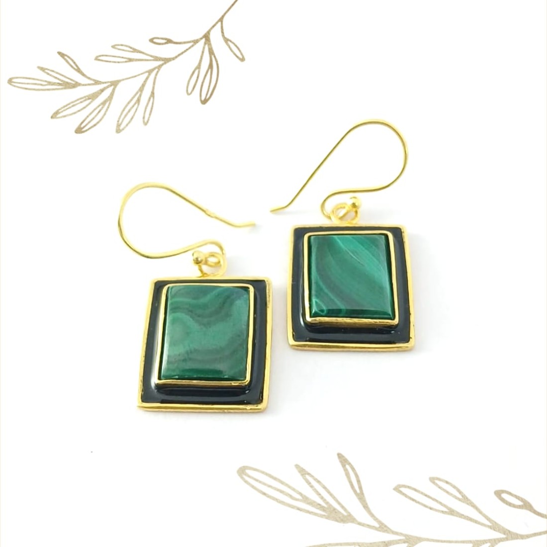 Square  Green Malachite  Silver Earring