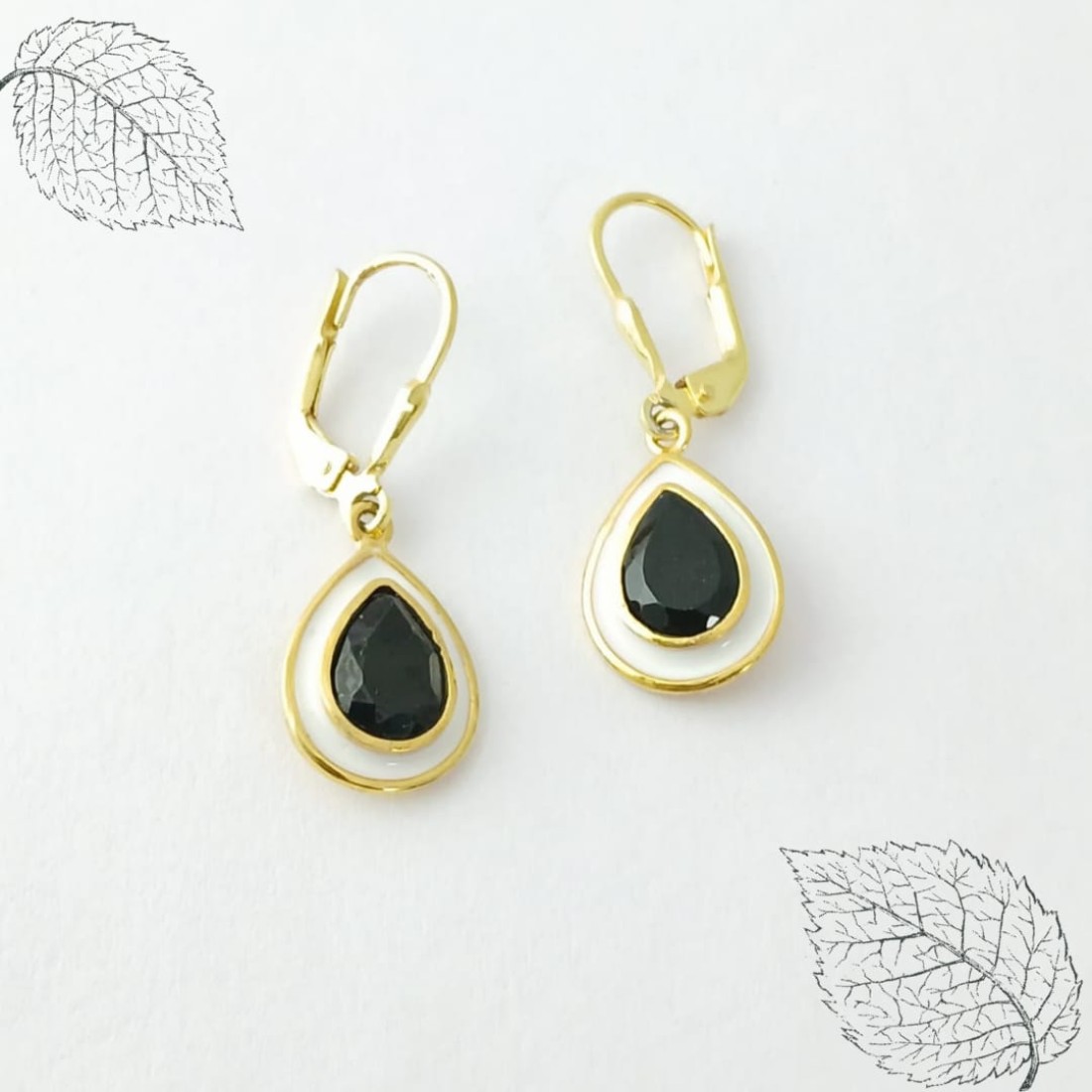 Pear black spinel silver earrings with white enamel