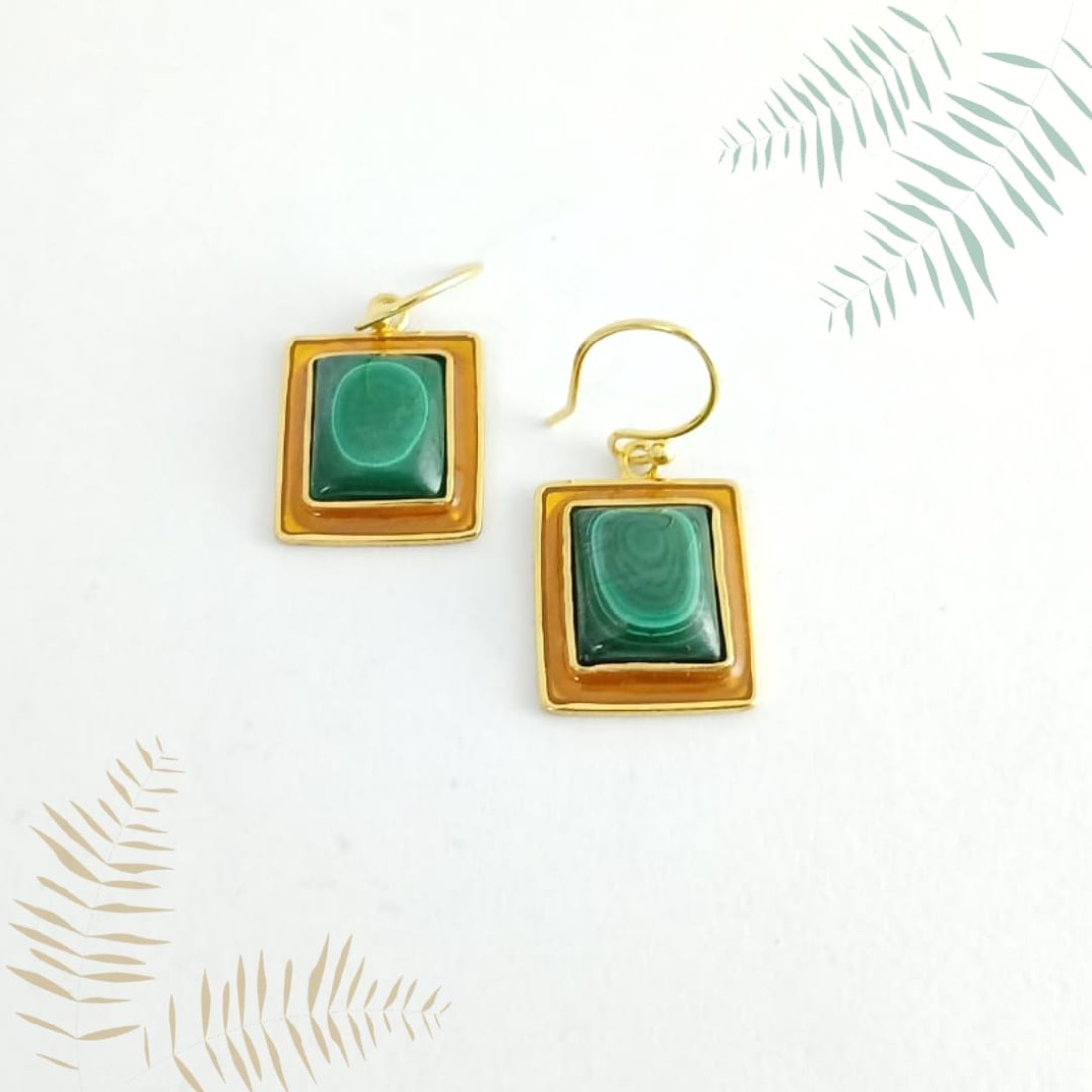 Square Green Malachite Silver Earring With Yellow Enamel