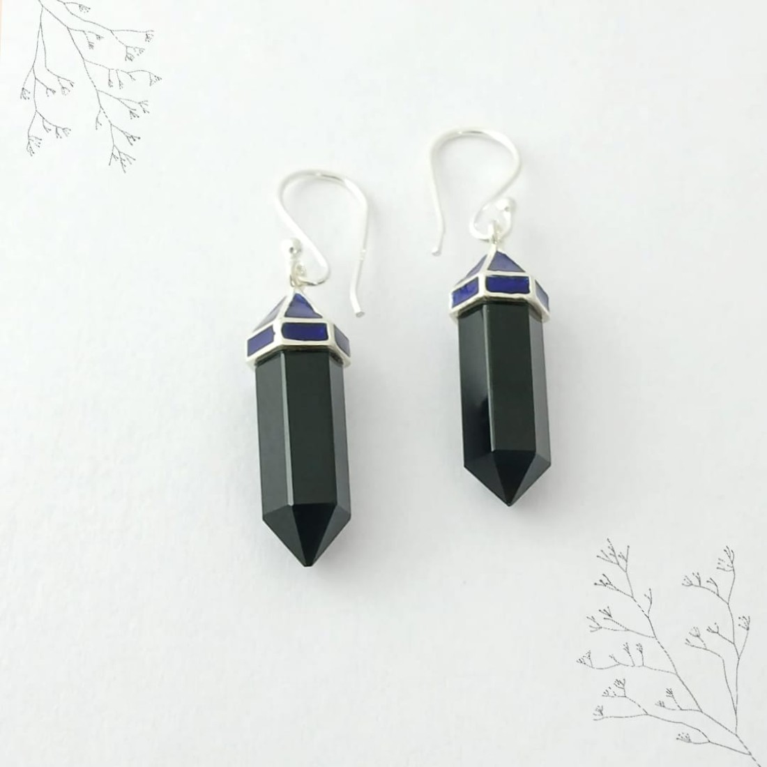 Black Onyx silver Earring With blue Enamel