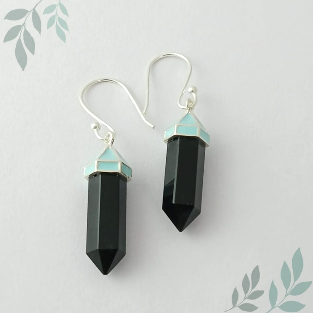 Black Onyx Silver Earring With sky Blue Enamel