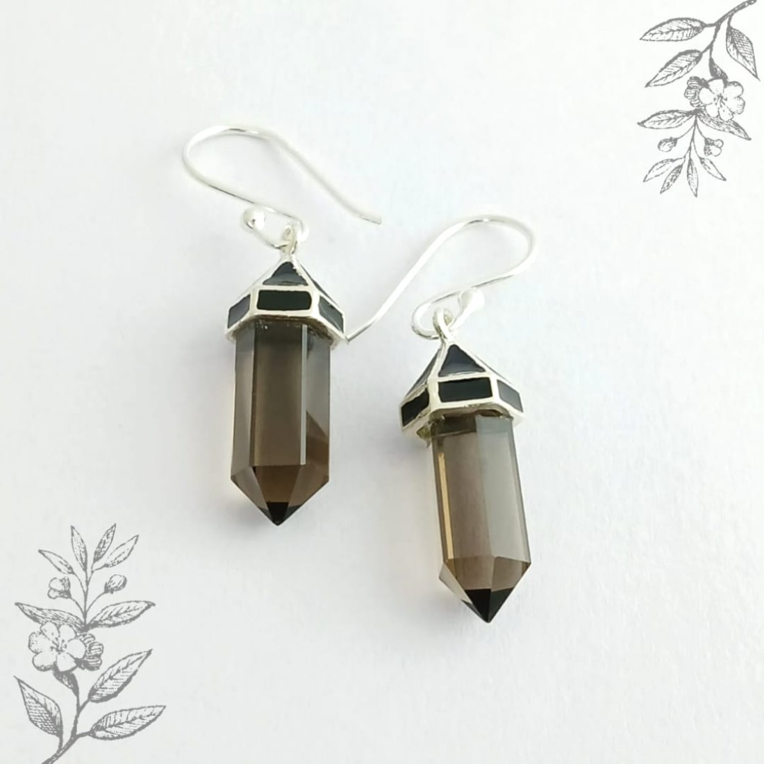 Smoky Quartz Silver Earring With Black Enamel