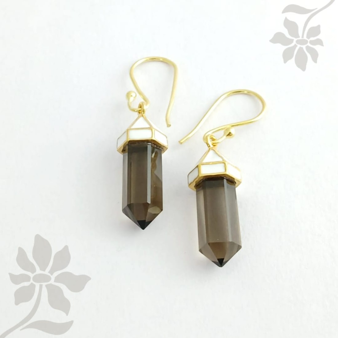 Smoky Quartz  Silver Earring With White Enamel