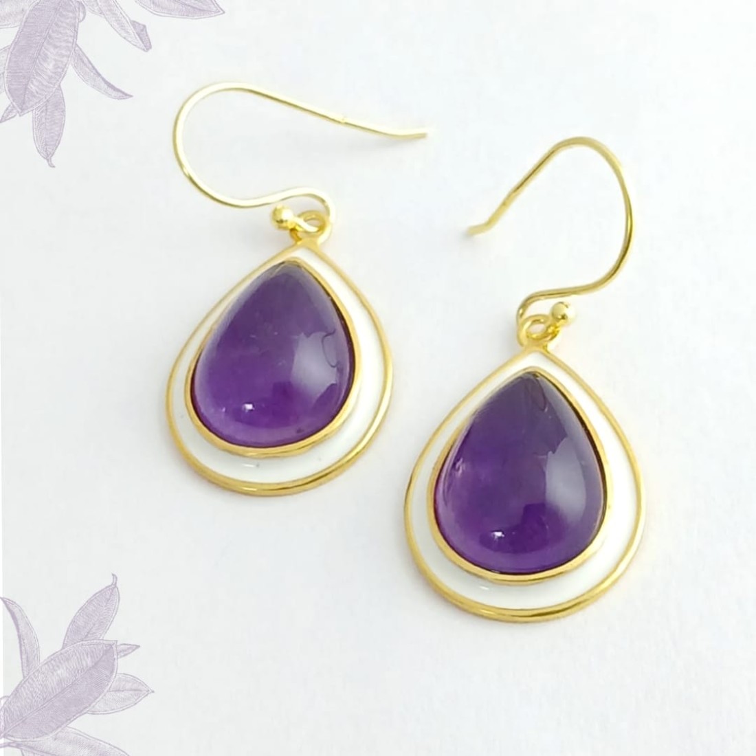 Pear Purple Amethyst  Silver Earring with White Enamel