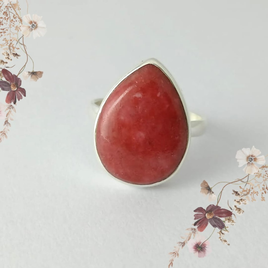 Pear Coral Rhodochrosite Silver Ring