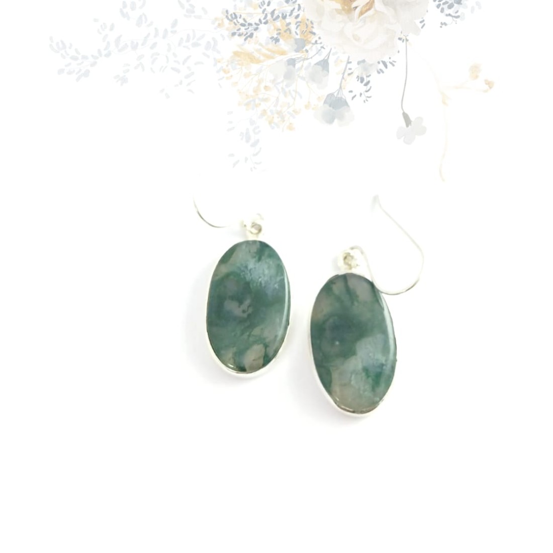 Oval Smoky Green Moss Agate Silver Earring