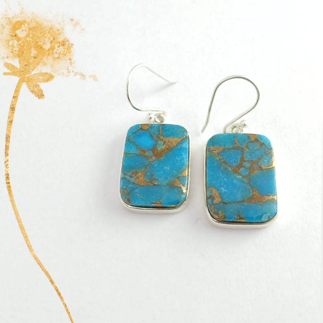 Square Blue Turquoise Silver Earring