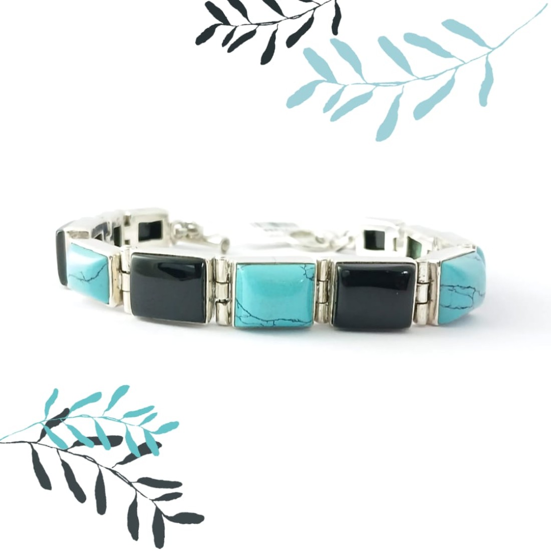 Square Black Onyx and Turquoise Silver Bracelet