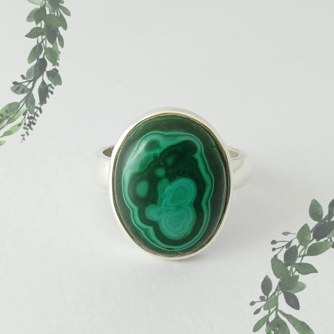 Round Green Malachite Silver Ring