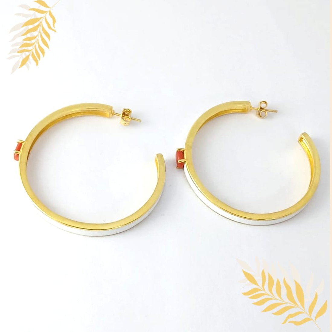 Ovel Coral silver C Hoop with White Enamel