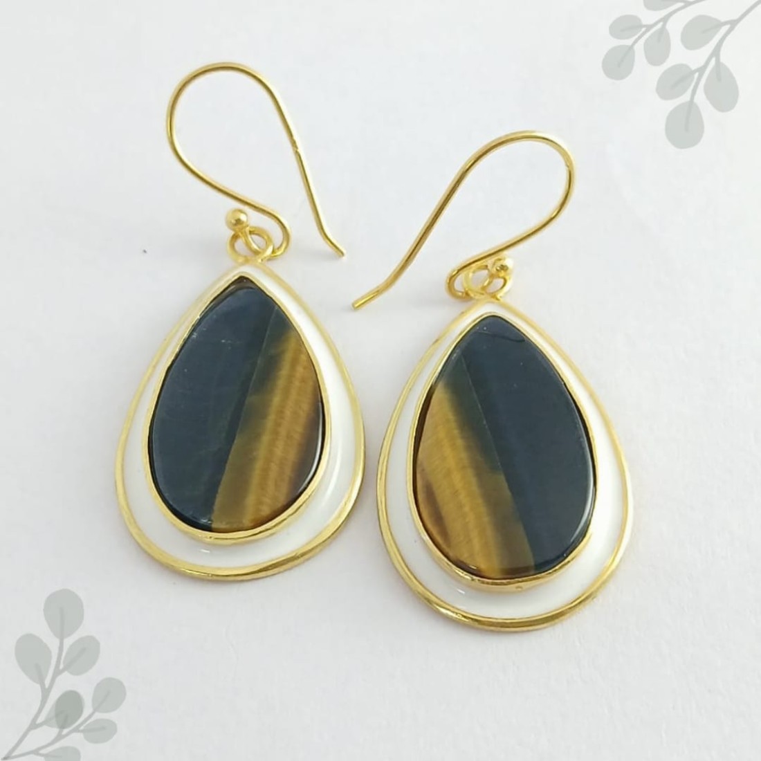 Pear Yellow & Black Tiger's Eye Silver Earrings