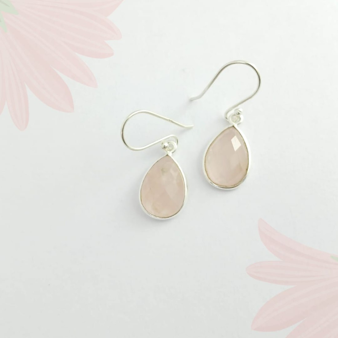 Triangle Pastel Pink Rose Quartz Silver Earring