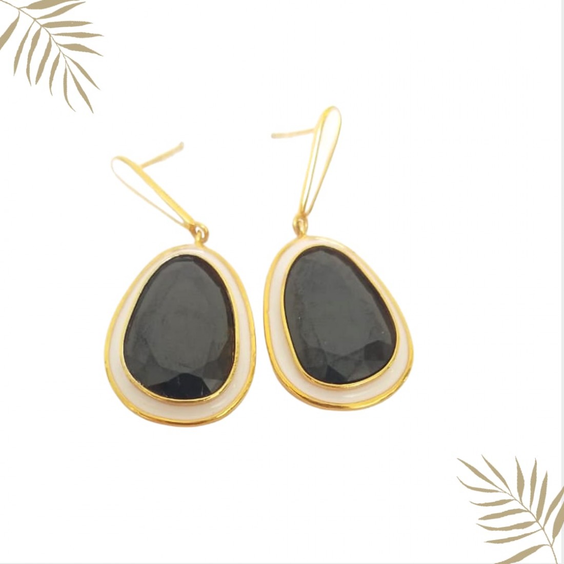 Black spinel silver earrings with white enamel