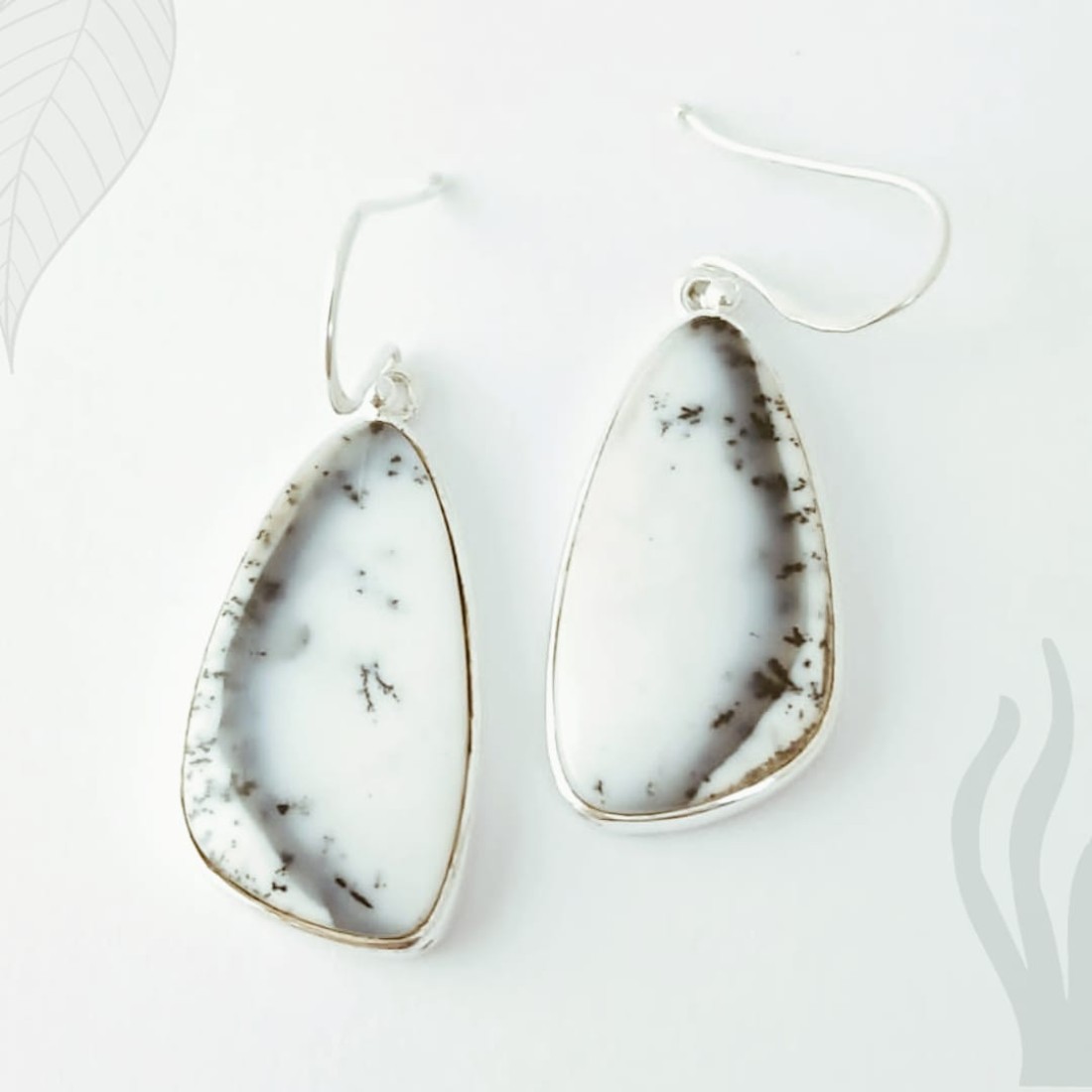 Triangle White Dendritic Agate Silver Earring