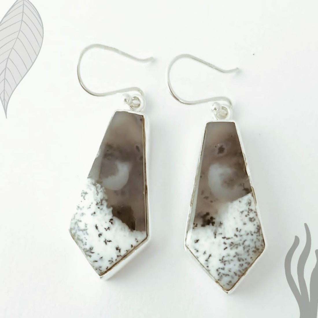 Triangle Grey and white Dendritic Agate Silver Earring