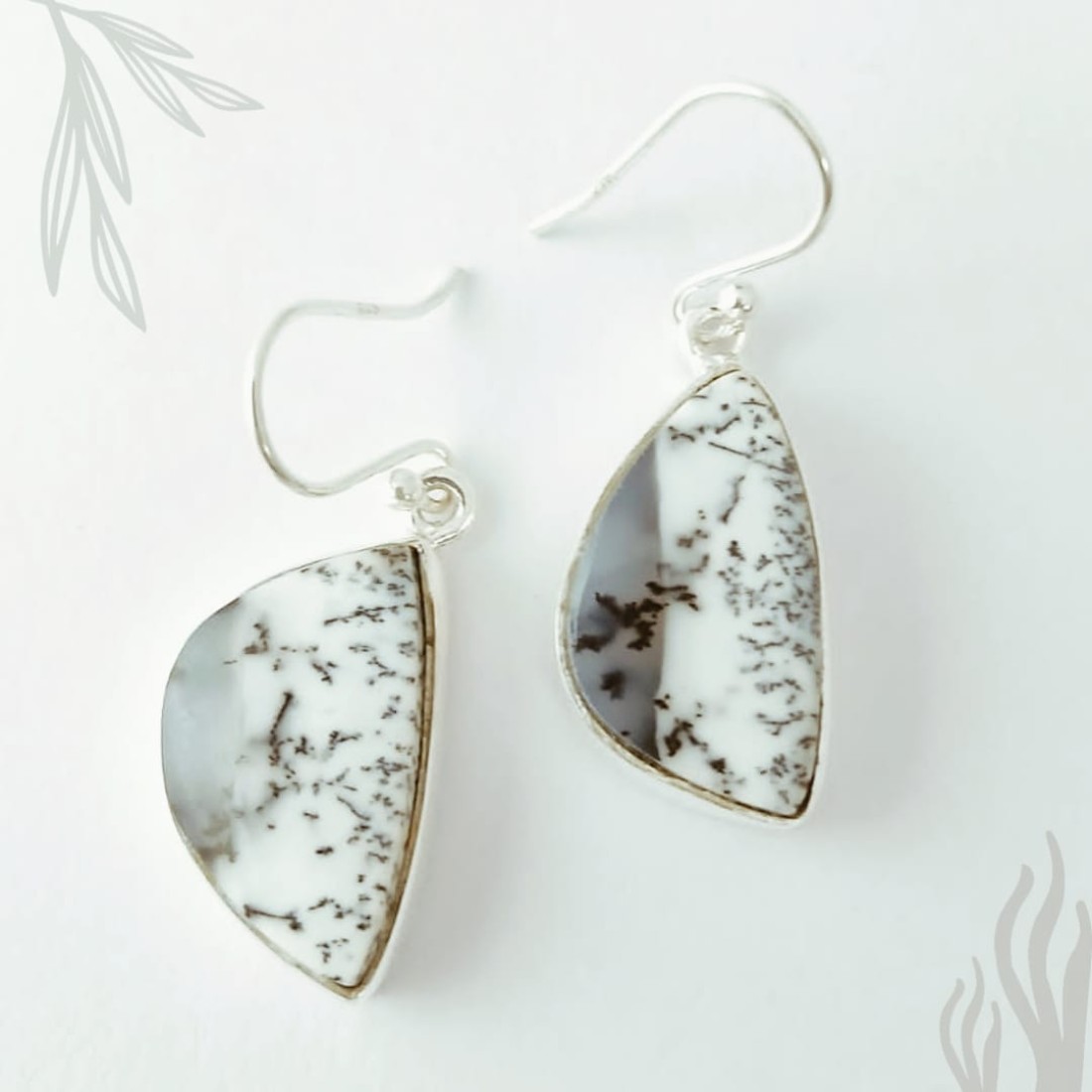 Triangle Light Grey Dendritic Agate Silver Earring