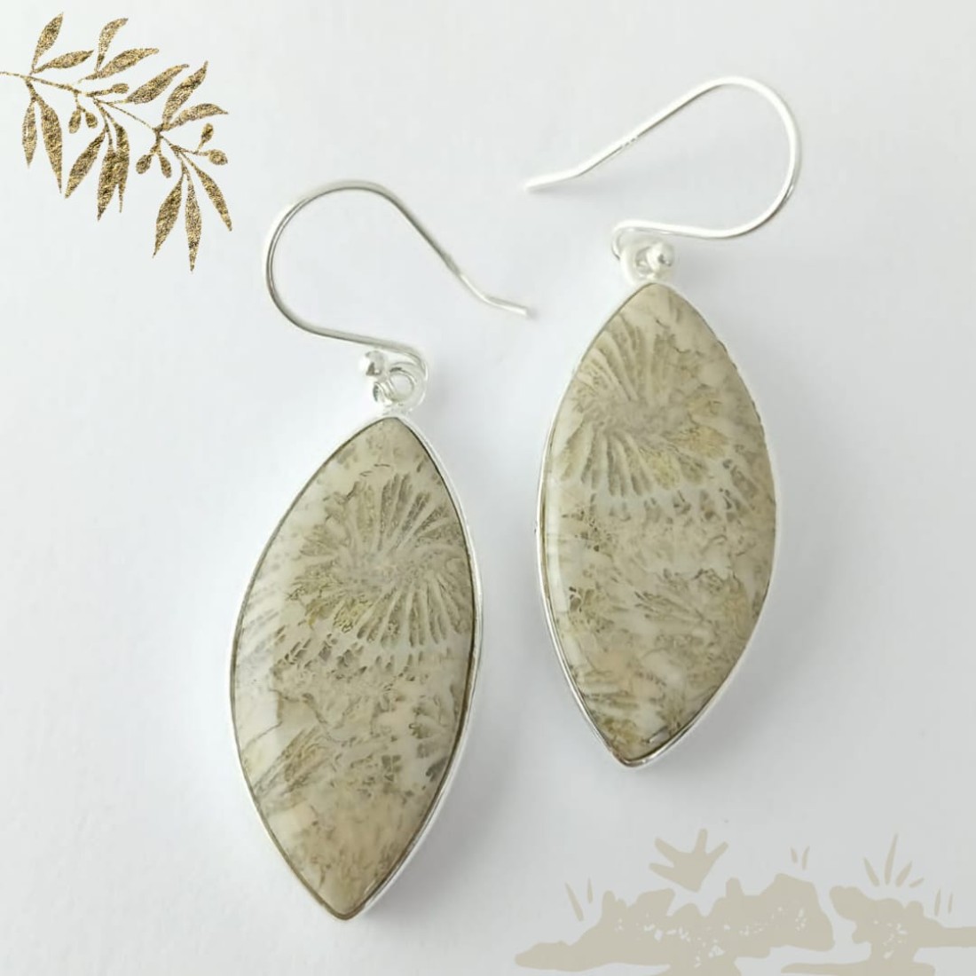  Beige Fossil Coral Silver Earring