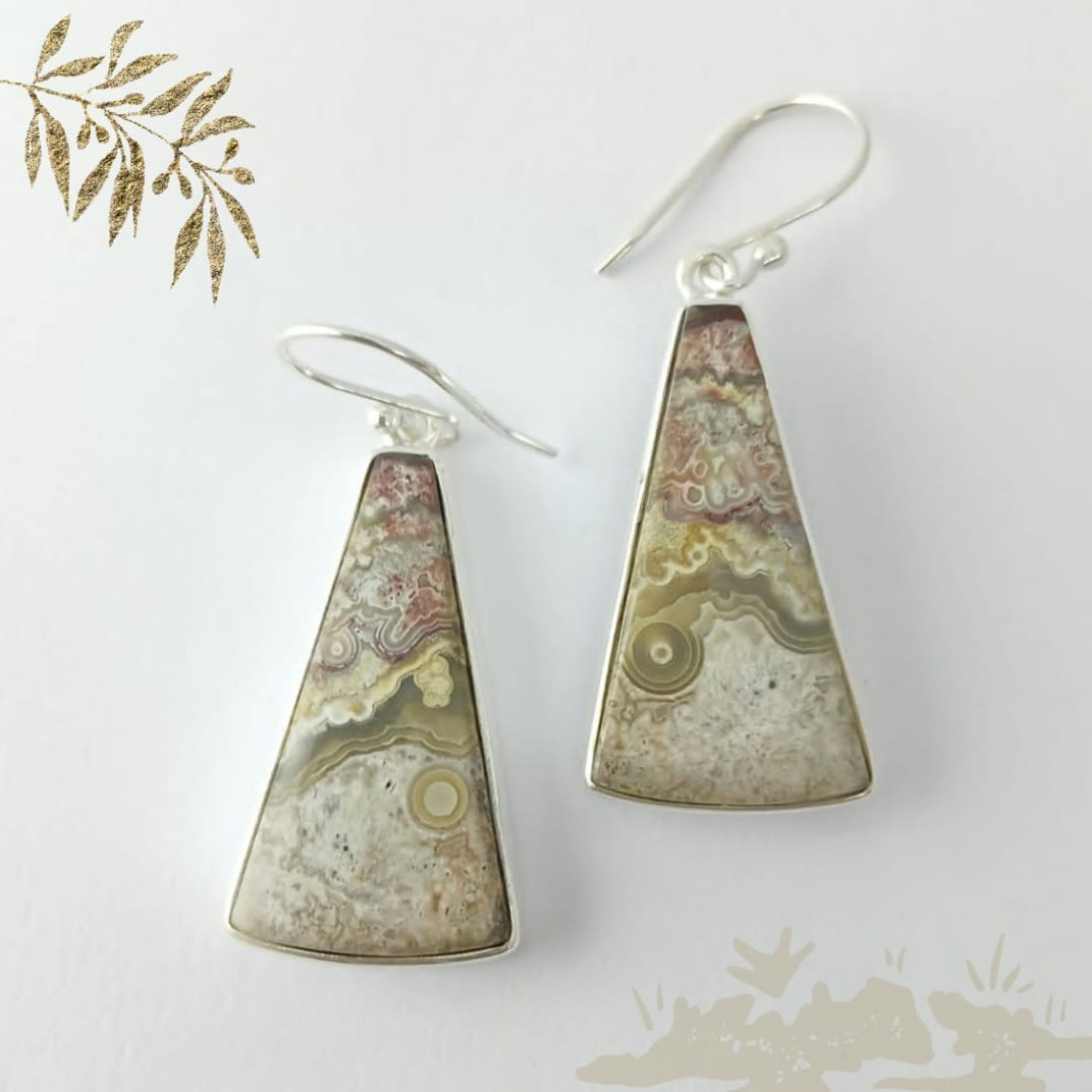 Triangle Beige Lace Agate Silver Earring