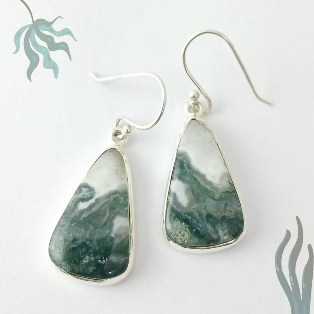 Triangle Smoky Green Moss Agate Silver Earring