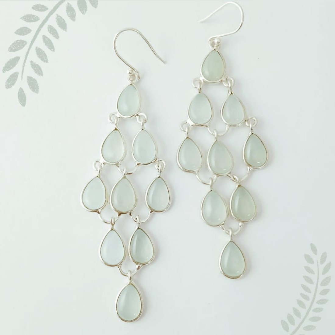 Pear Pastel Green Chalcedony Silver Earring