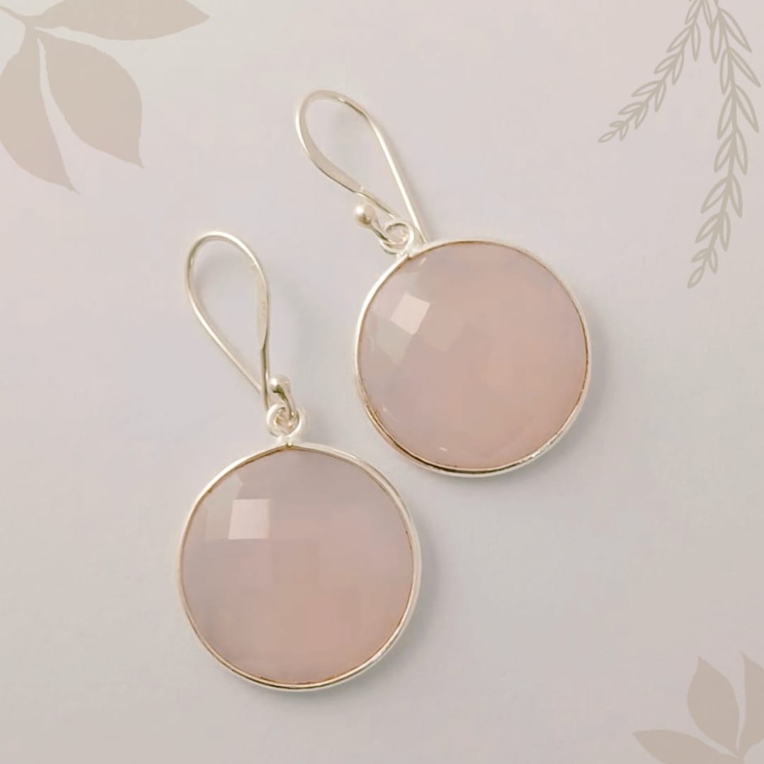 Round Pastel Pink Rose Quartz  Silver Earring