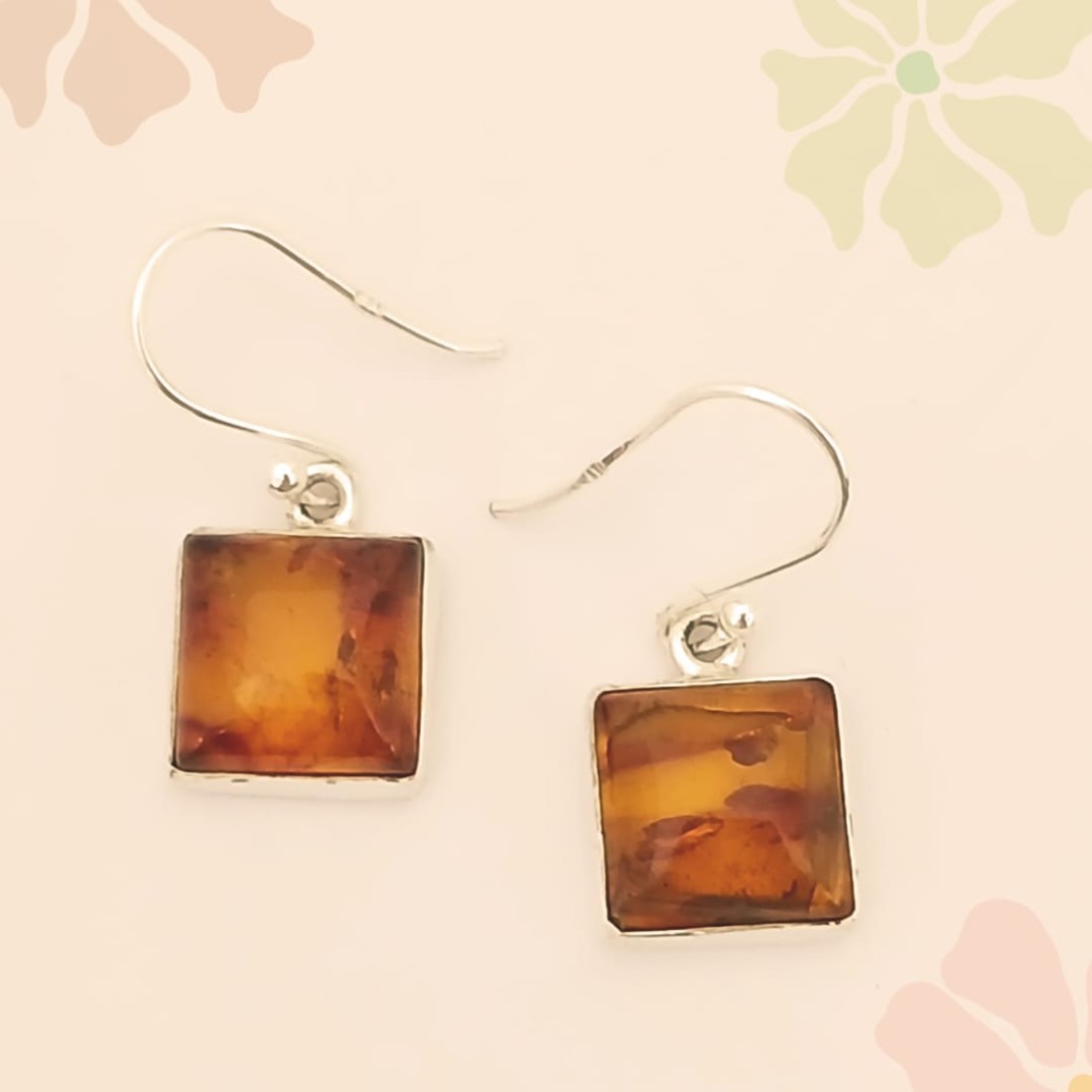 Square  Honey  Amber  Silver Earring