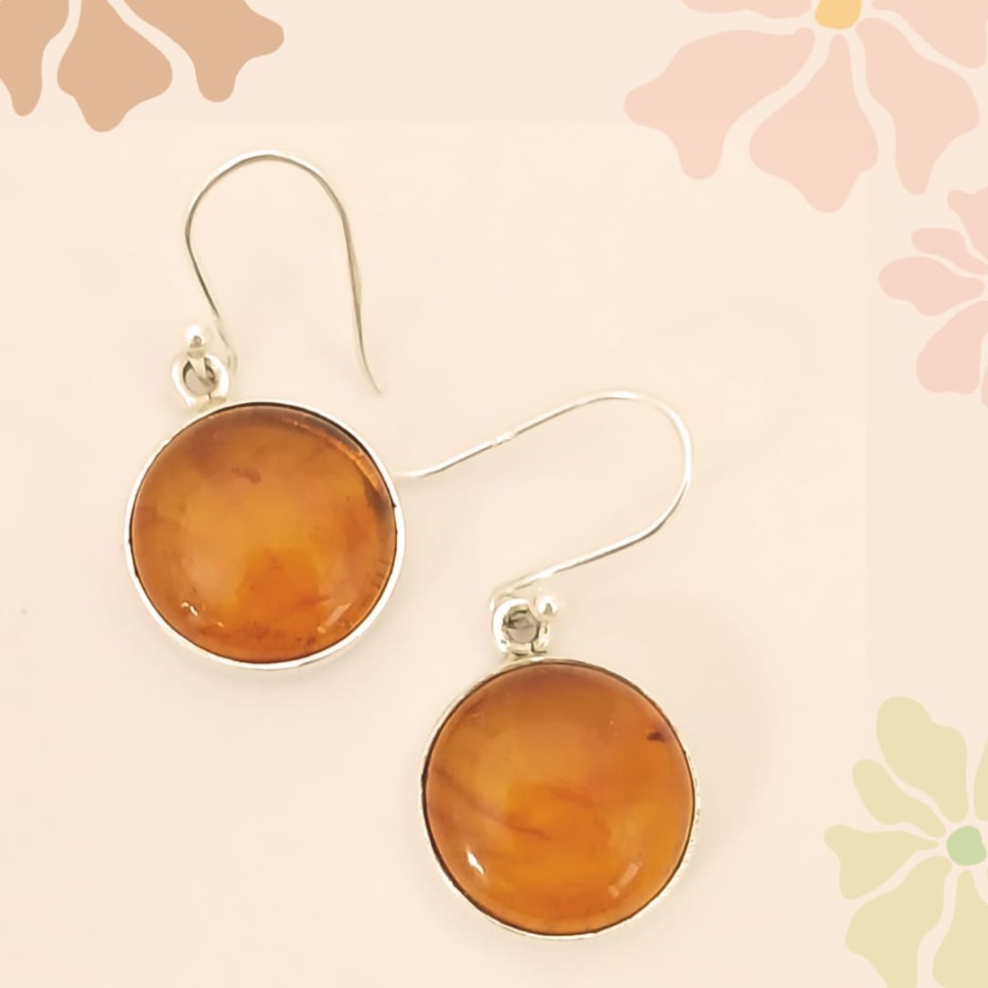 Round Honey  Amber  Silver Earring