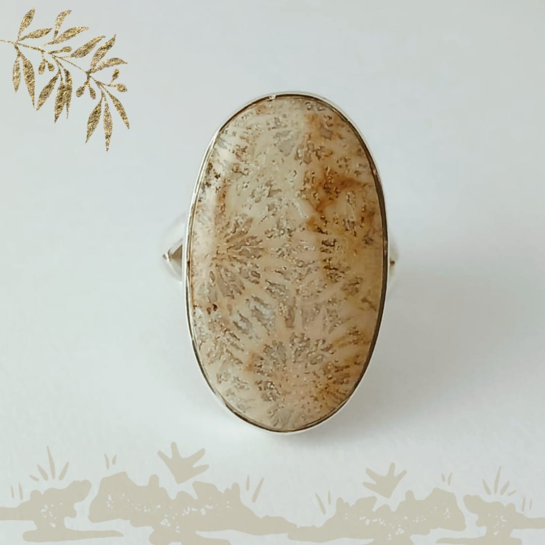 Oval Beige Fossil Coral Silver Ring 